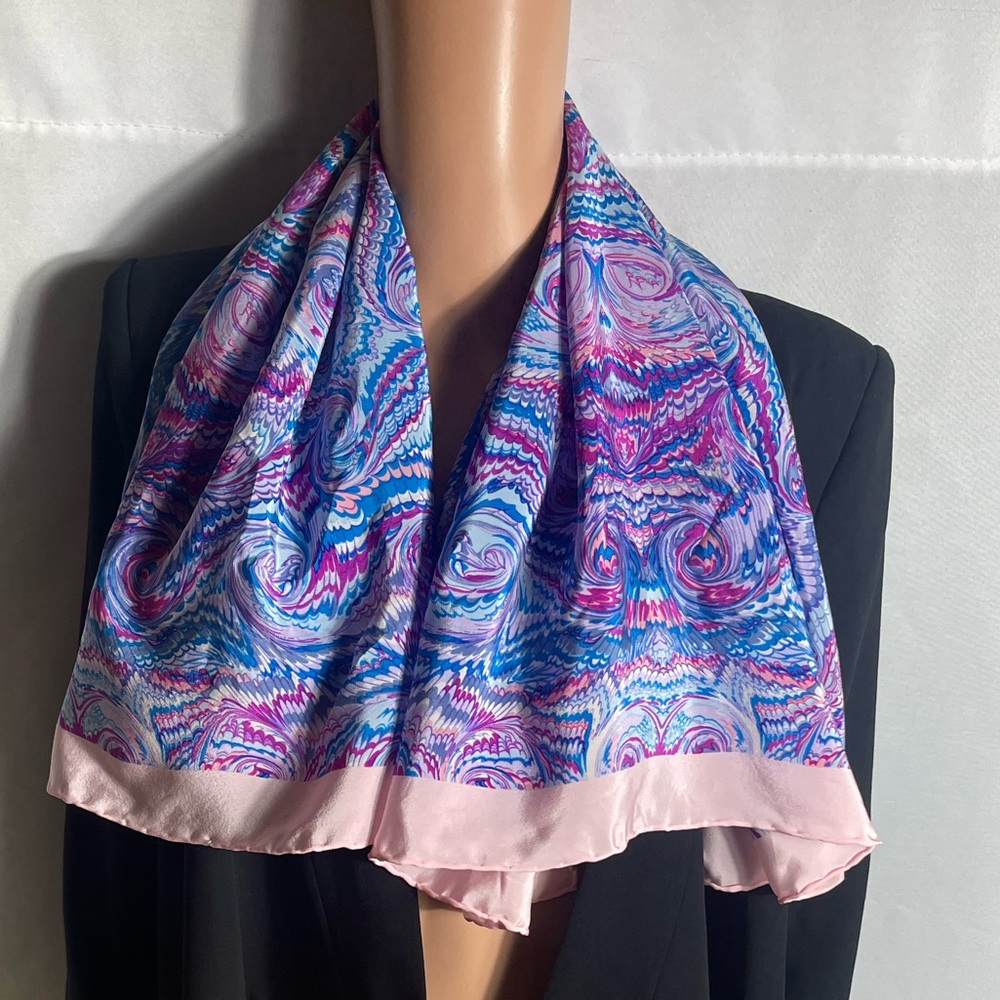 Casca Vintage Square Scarf 34x34 Pink Blue Abstract Print Satin Silk-Look